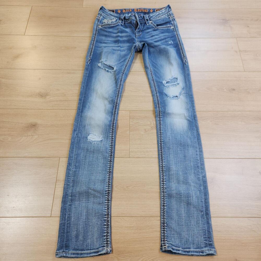 Rock Revival Betty Jeans Womens 26x32 Medium Blue Low Rise Bootcut Distressed